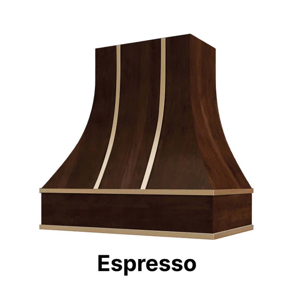 Wood Range Hood With Curved Front and Brass Strapping and Flat Trim - 30