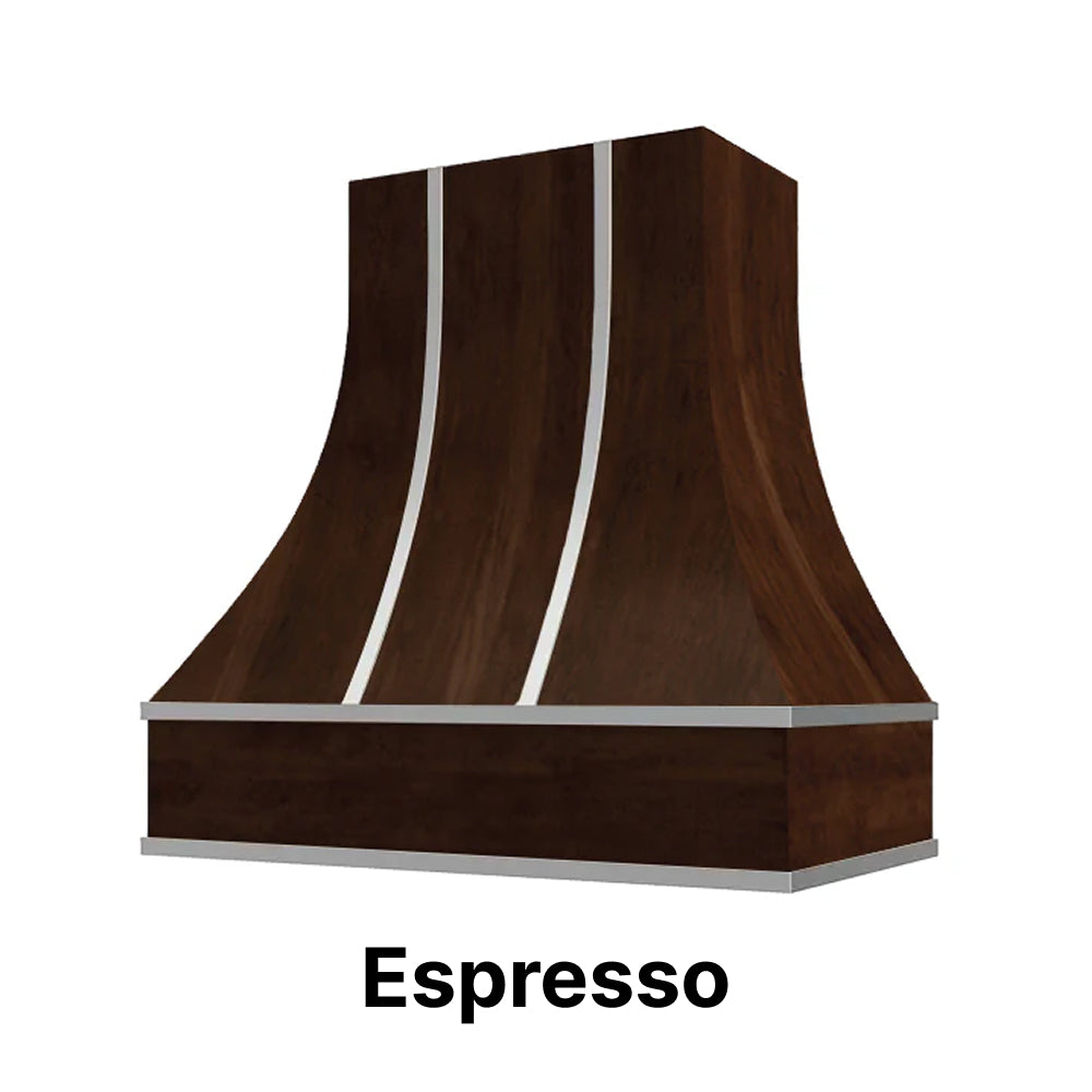 Wood Range Hood With Curved Front, Silver Strapping and Block Trim - 30
