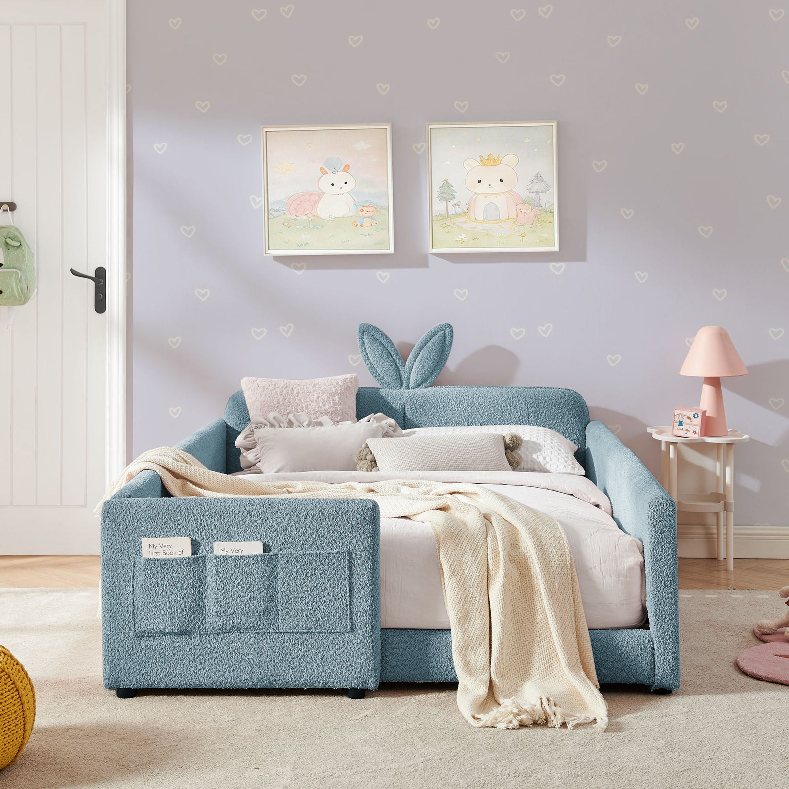Cute Rabbit Ear Upholstered Platform Bed Frame With Safety Rail