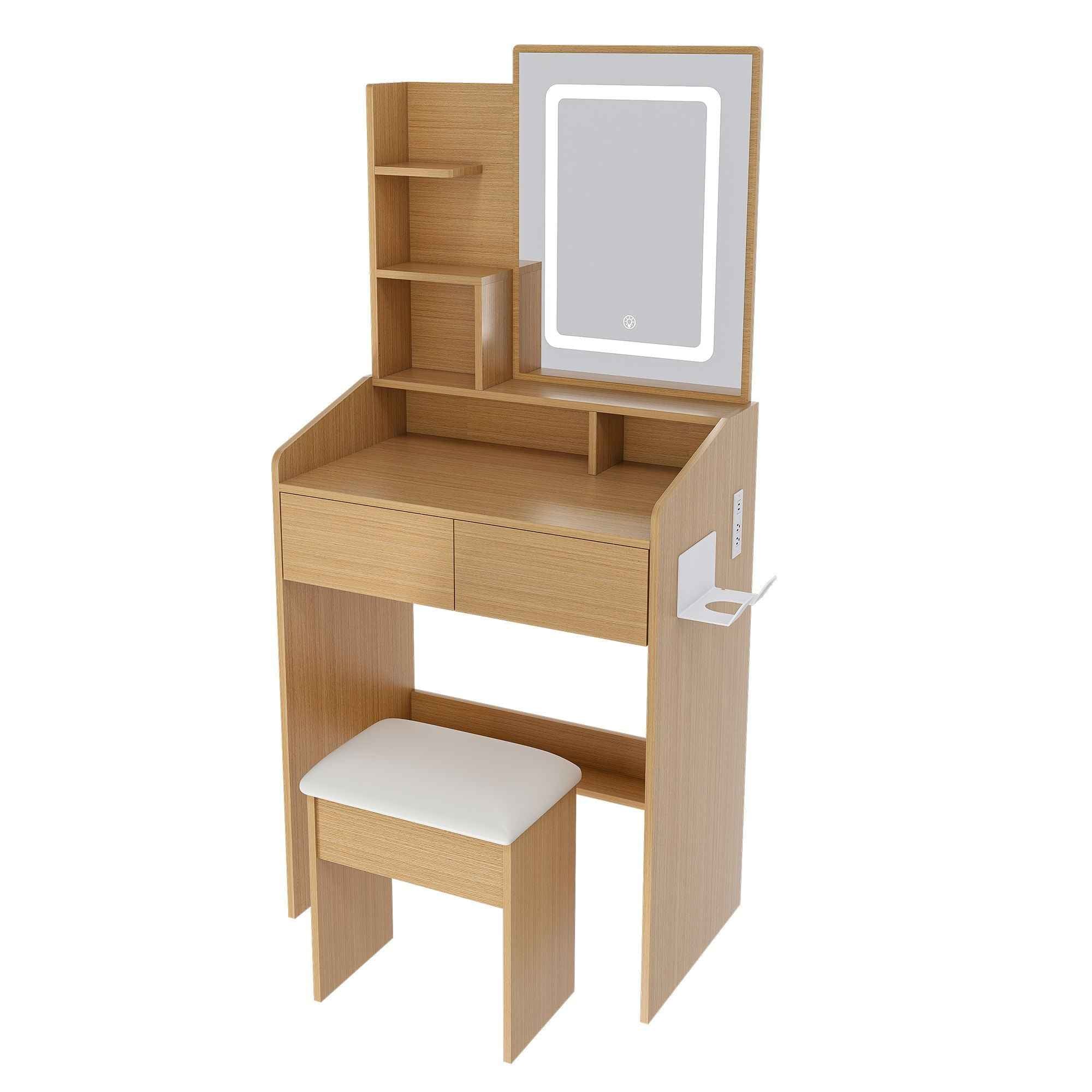 Vanity Table With LED Mirror, Power Outlet, Hairdryer Holder & Padded Stool, Compact Dressing Desk For Small Bedrooms - Wood