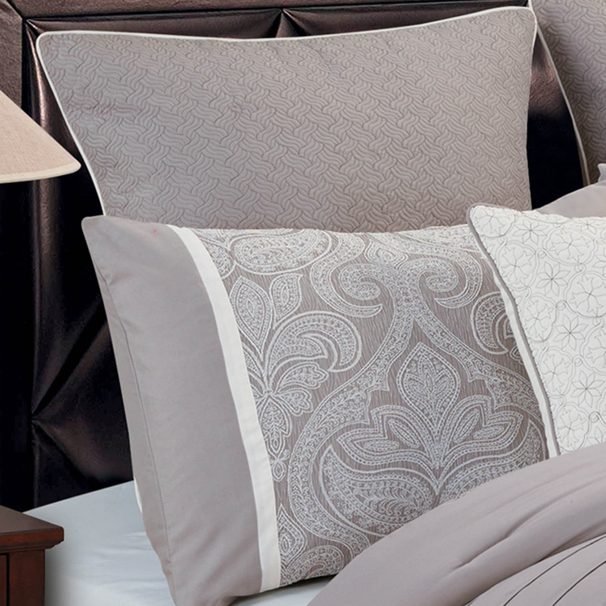 Grey Damask Jacquard 9 Piece Comforter Set with Soft Fill - Grey