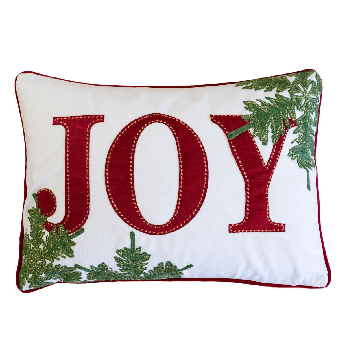 JOY Embroidered Christmas Throw Pillow with Velvet - Red and Green
