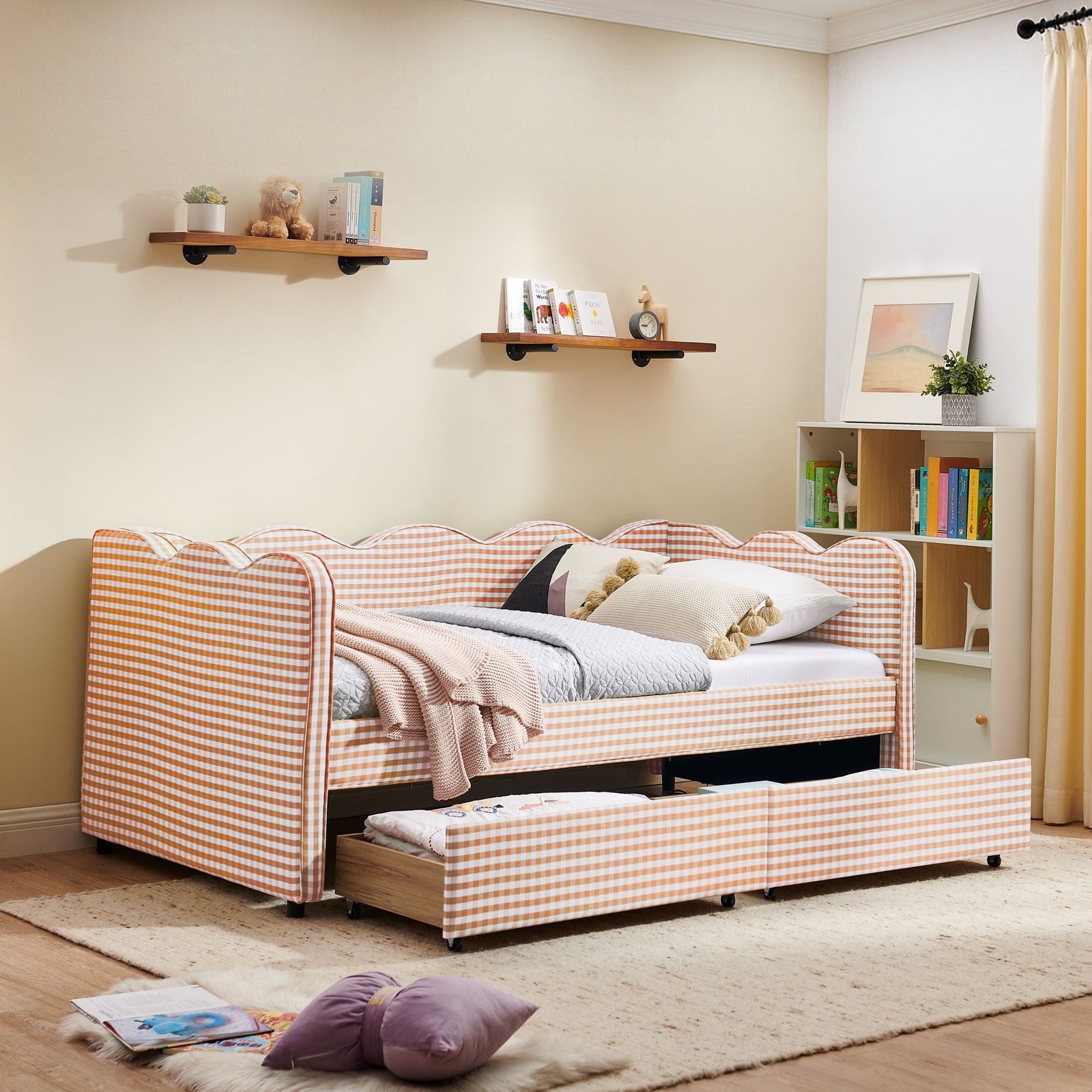 Gingham Daybed With USB Charging Port, Wave-Shaped Design