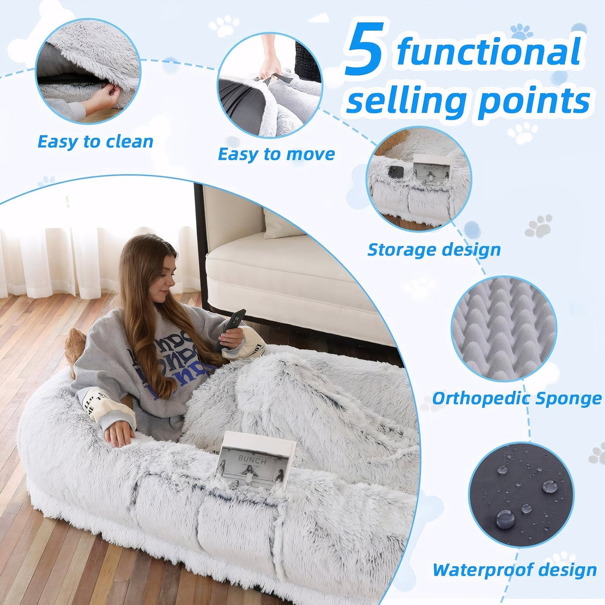Human Dog Bed with Washable Faux Fur and Orthopedic Support