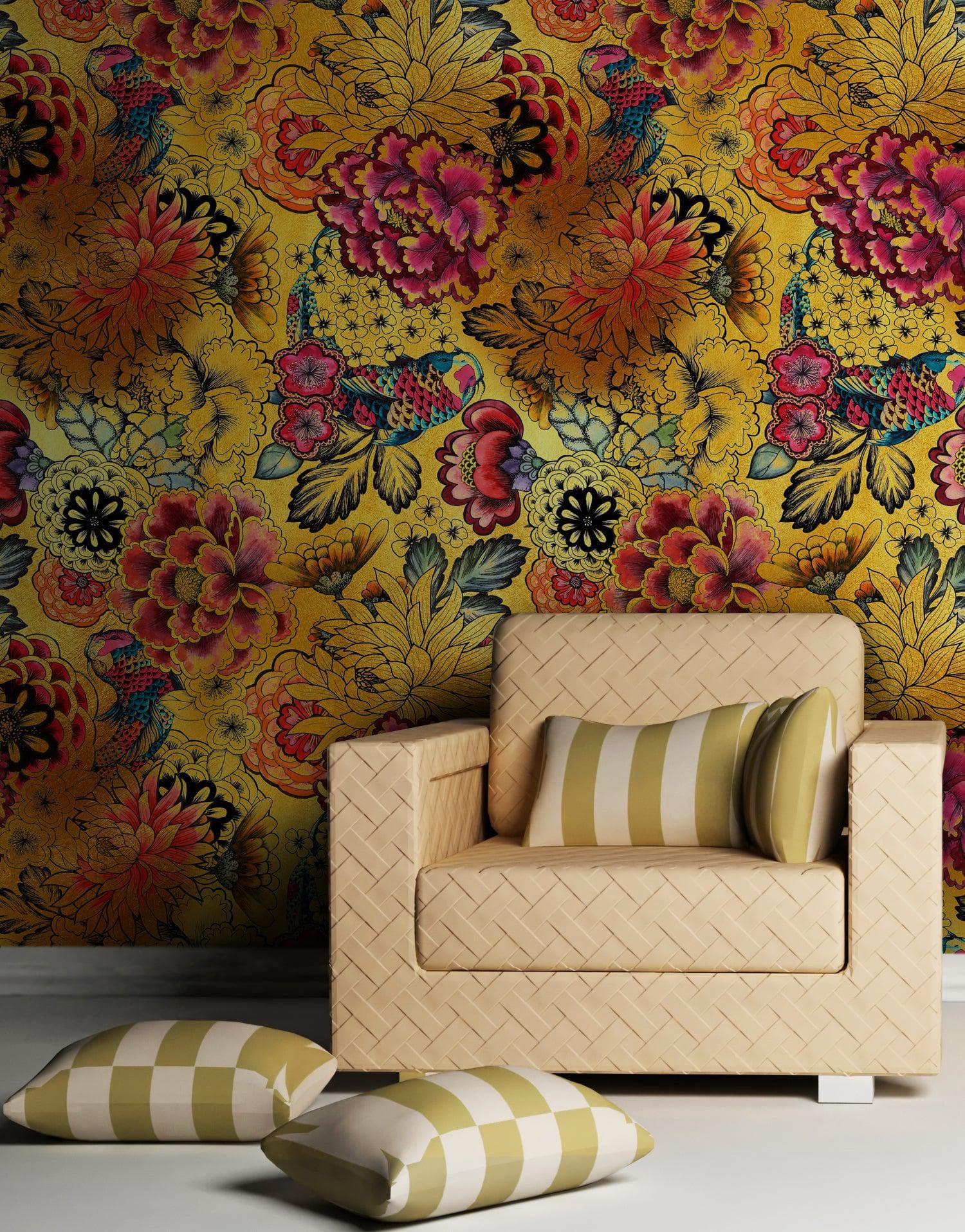 Japanese Art Koi Fish Peel and Stick Wallpaper. Gold Flowers Background.  Removable Wall Mural #6192