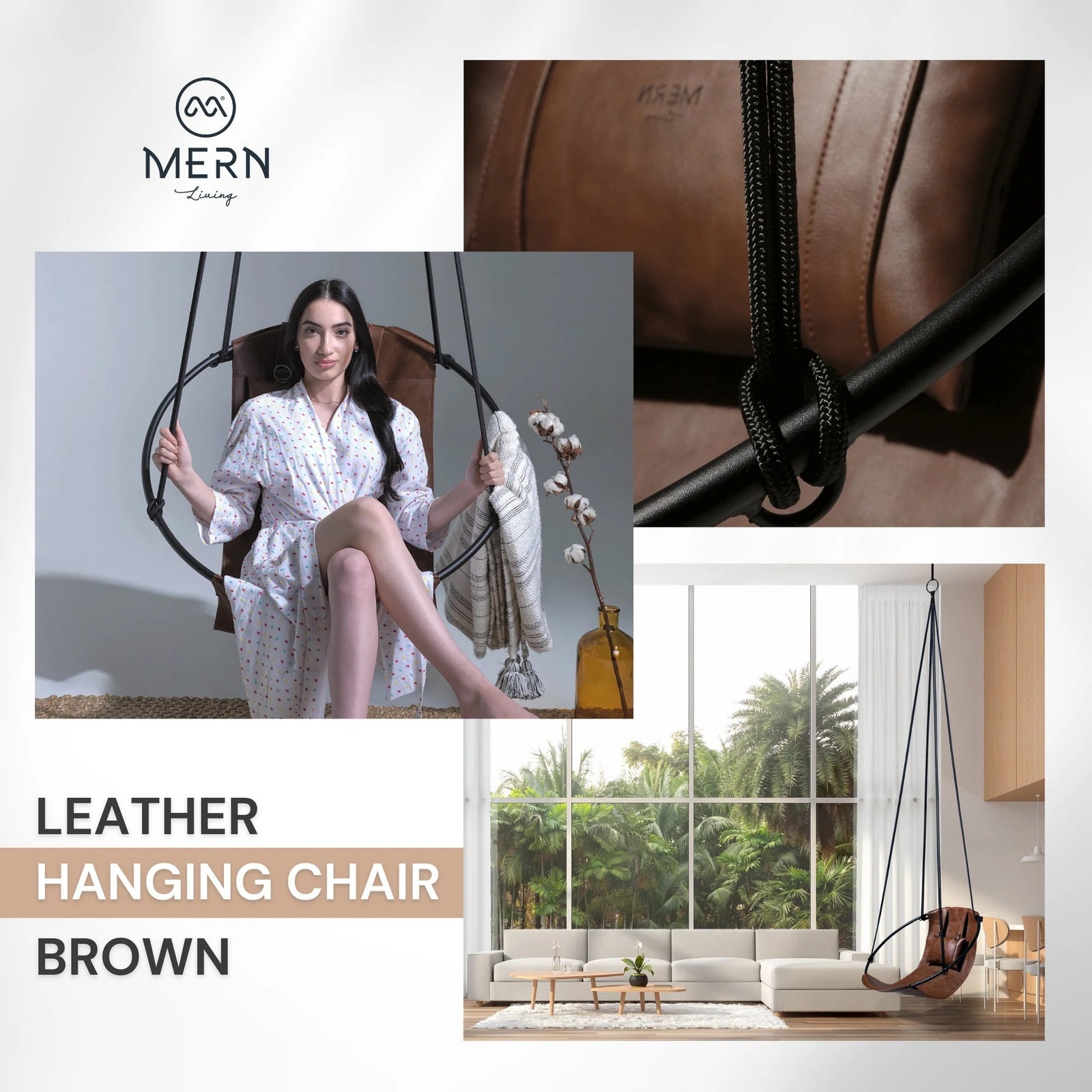 Faux Leather Round Hanging Chair Brown