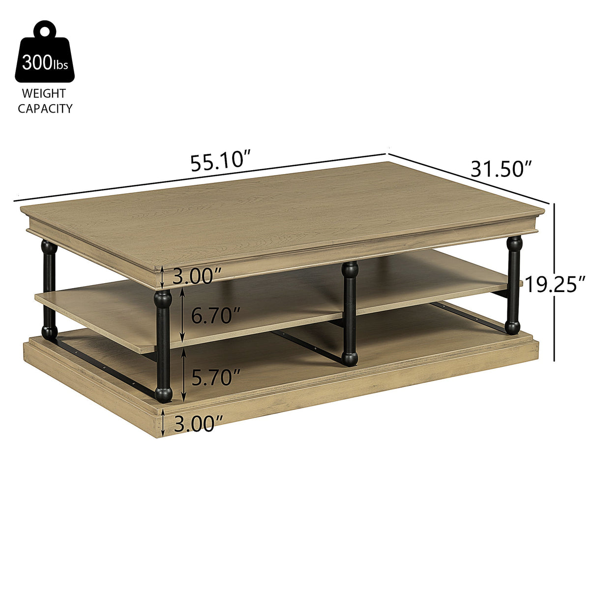 55.1' Wood Coffee Table with Black Legs and Open Storage Shelves