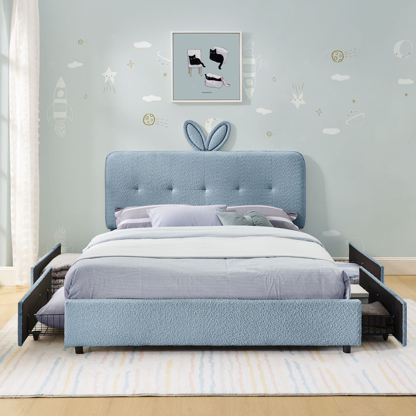 Upholstered Bed With Oversized Rabbit Ear Headboard, LED Lights & 4 Storage Drawers