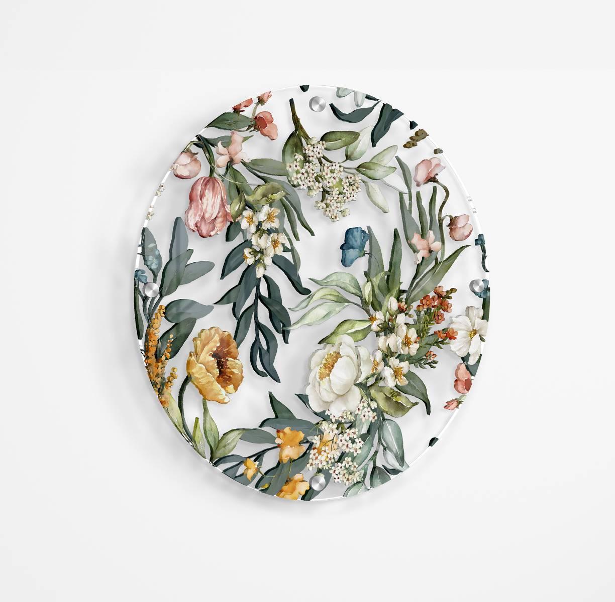 Floral Pattern Flowers Printed Transparent Acrylic Circle