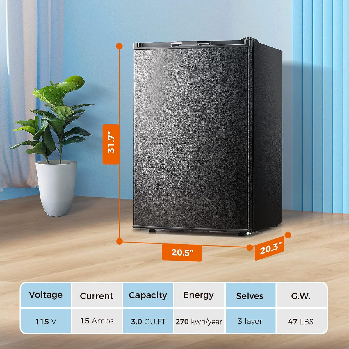 Free Standing Upright Freezer with Removable Shelf, Adjustable Thermostat, Compact Reversible Single Door Vertical Freezers