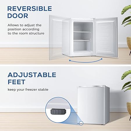 Free Standing Upright Freezer with Removable Shelf, Adjustable Thermostat, Compact Reversible Single Door Vertical Freezers