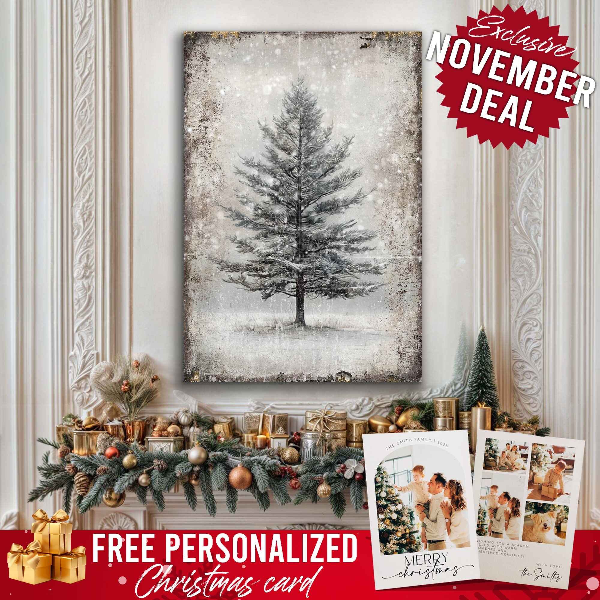 Vintage Christmas Tree Wall Art with Free Personalized Christmas Card