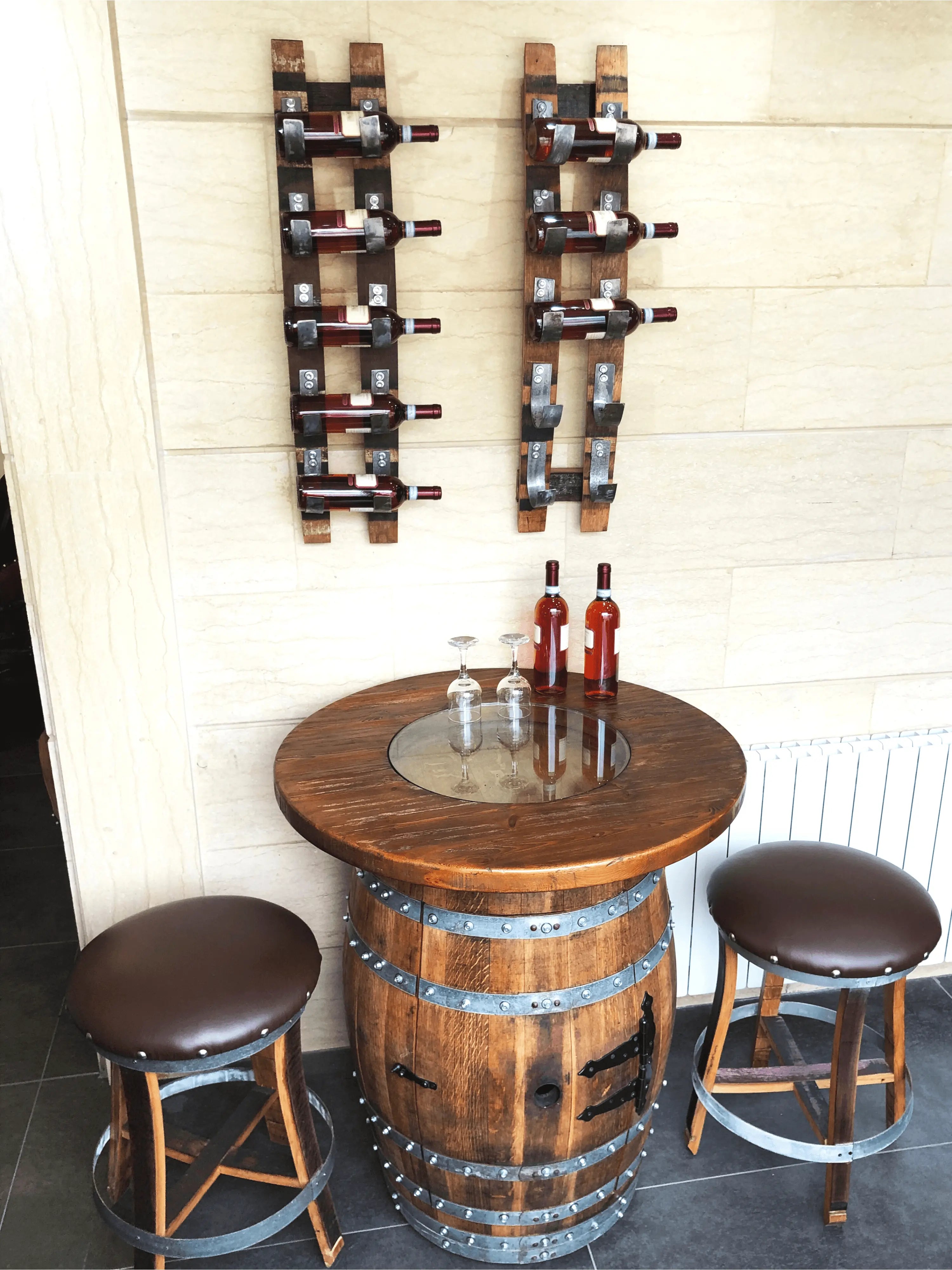 Handcrafted Wine Barrel Bar Set #1 - Whiskey & Wine Barrel Bar with Pub Table and Bar Stools for Home Bar Decor