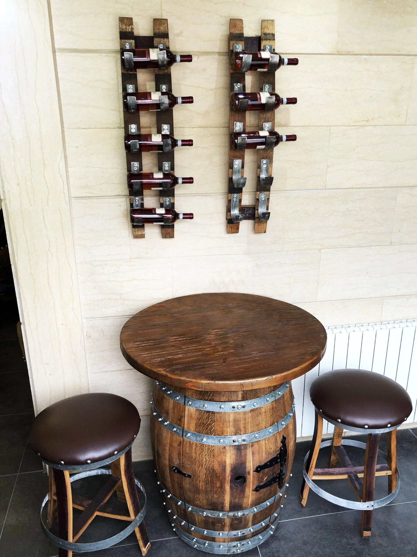 Handcrafted Wine Barrel Bar Set #1 - Whiskey & Wine Barrel Bar with Pub Table and Bar Stools for Home Bar Decor