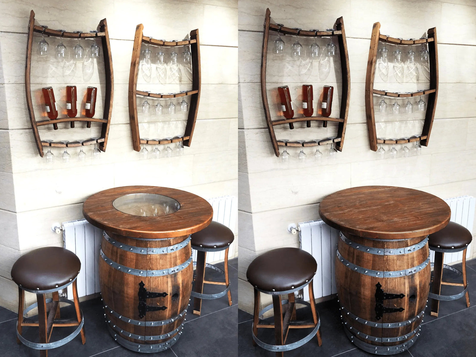 Handcrafted Wine Barrel Bar Set #2 - Whiskey & Wine Barrel Bar with Pub Table and Bar Stools for Home Bar Decor