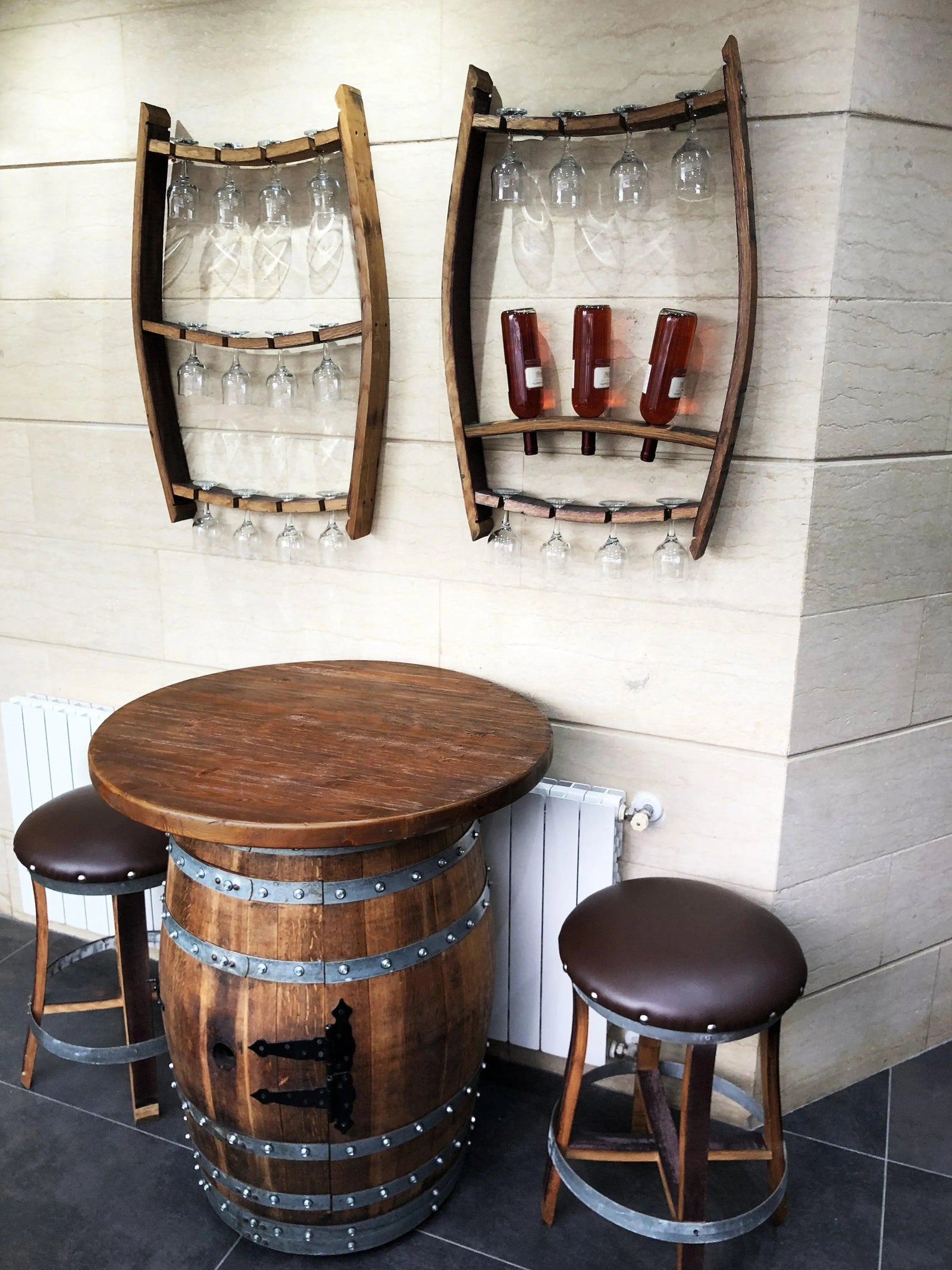 Handcrafted Wine Barrel Bar Set #2 - Whiskey & Wine Barrel Bar with Pub Table and Bar Stools for Home Bar Decor