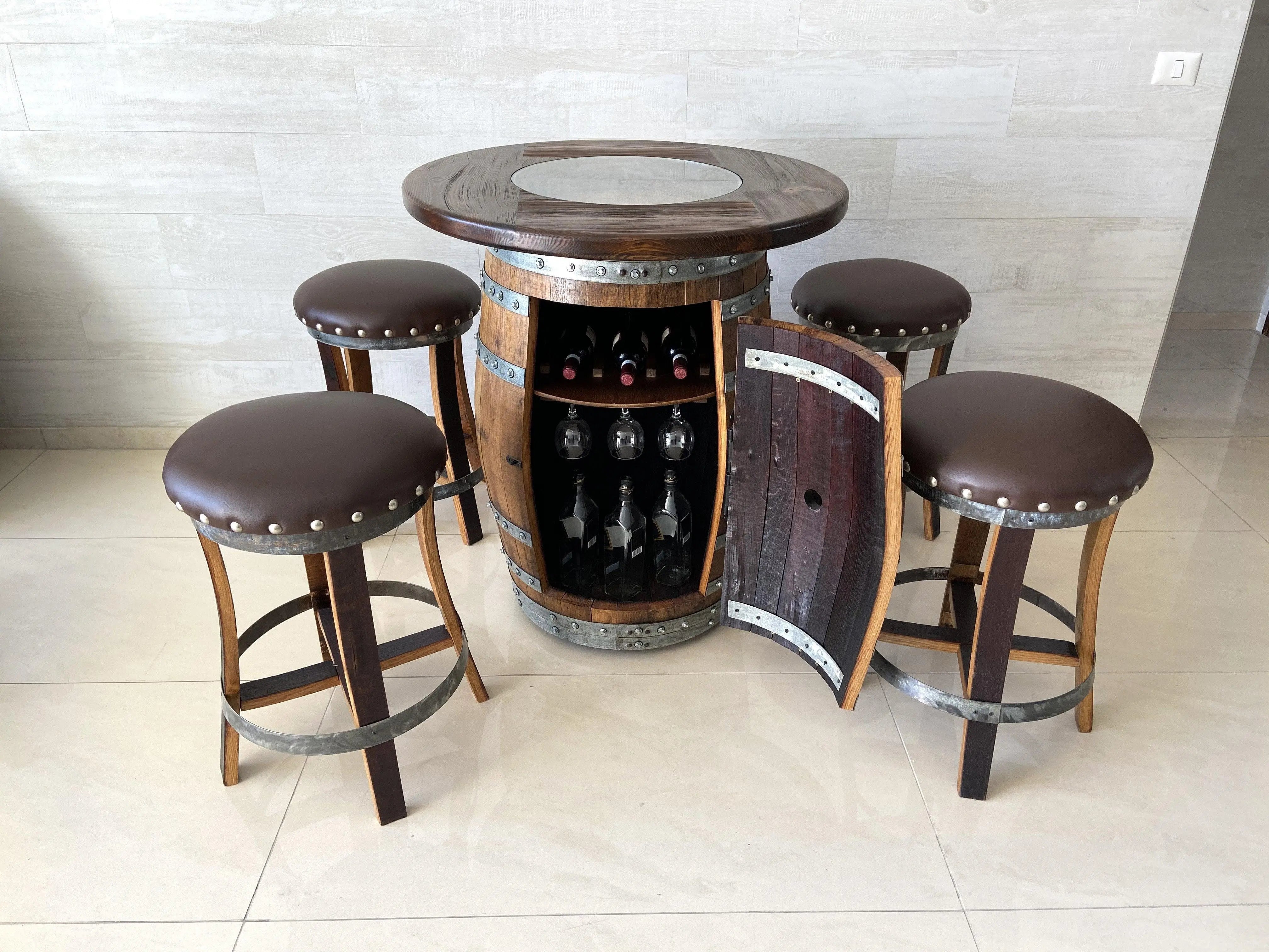 Oak Barrel Pub Table Set, Counter Height Wood Glass Top, Cabinet Storage, Bar Stools, Home Bar, Man Cave - Handmade from Family Business