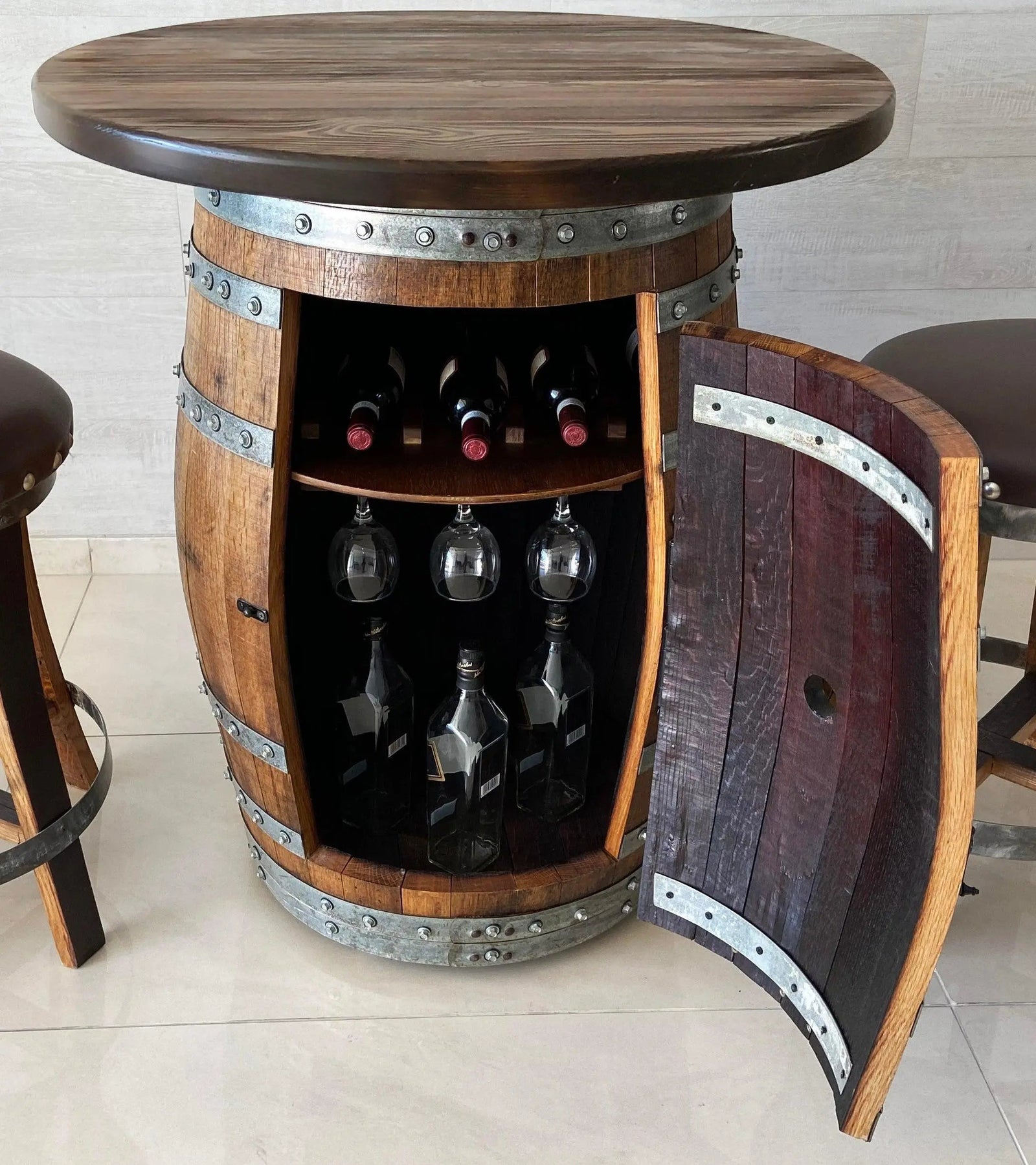 Oak Barrel Pub Table Set, Counter Height Wood Glass Top, Cabinet Storage, Bar Stools, Home Bar, Man Cave - Handmade from Family Business