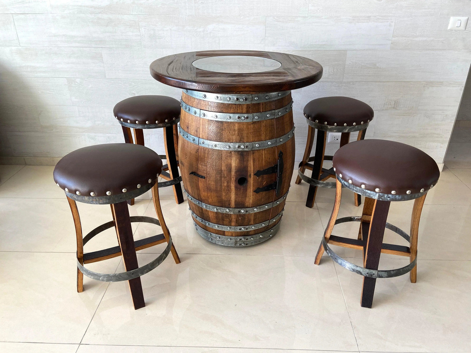 Oak Barrel Pub Table Set, Counter Height Wood Glass Top, Cabinet Storage, Bar Stools, Home Bar, Man Cave - Handmade from Family Business