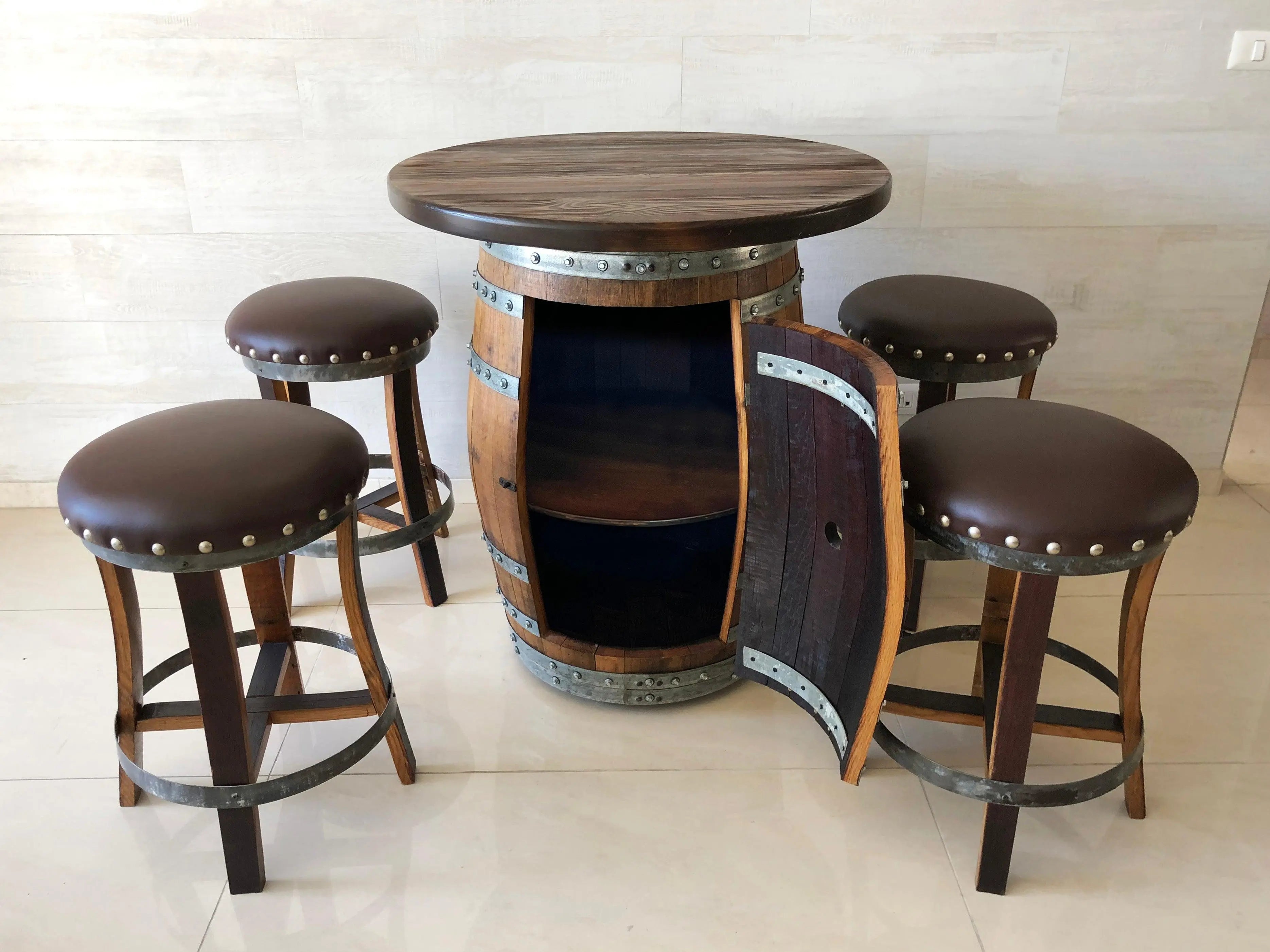 Oak Barrel Pub Table Set, Counter Height Wood Glass Top, Cabinet Storage, Bar Stools, Home Bar, Man Cave - Handmade from Family Business