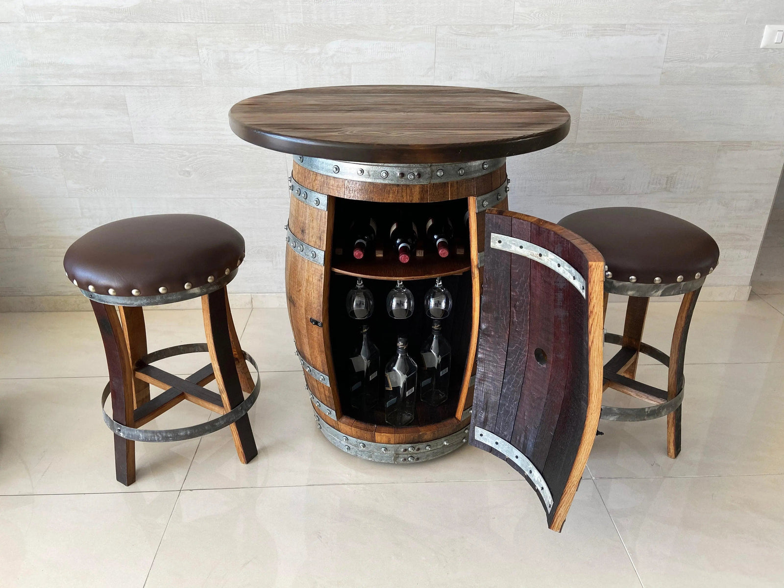 Oak Barrel Pub Table Set, Counter Height Wood Glass Top, Cabinet Storage, Bar Stools, Home Bar, Man Cave - Handmade from Family Business