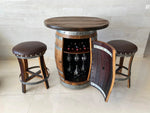Oak Barrel Pub Table Set, Counter Height Wood Glass Top, Cabinet Storage, Bar Stools, Home Bar, Man Cave - Handmade from Family Business