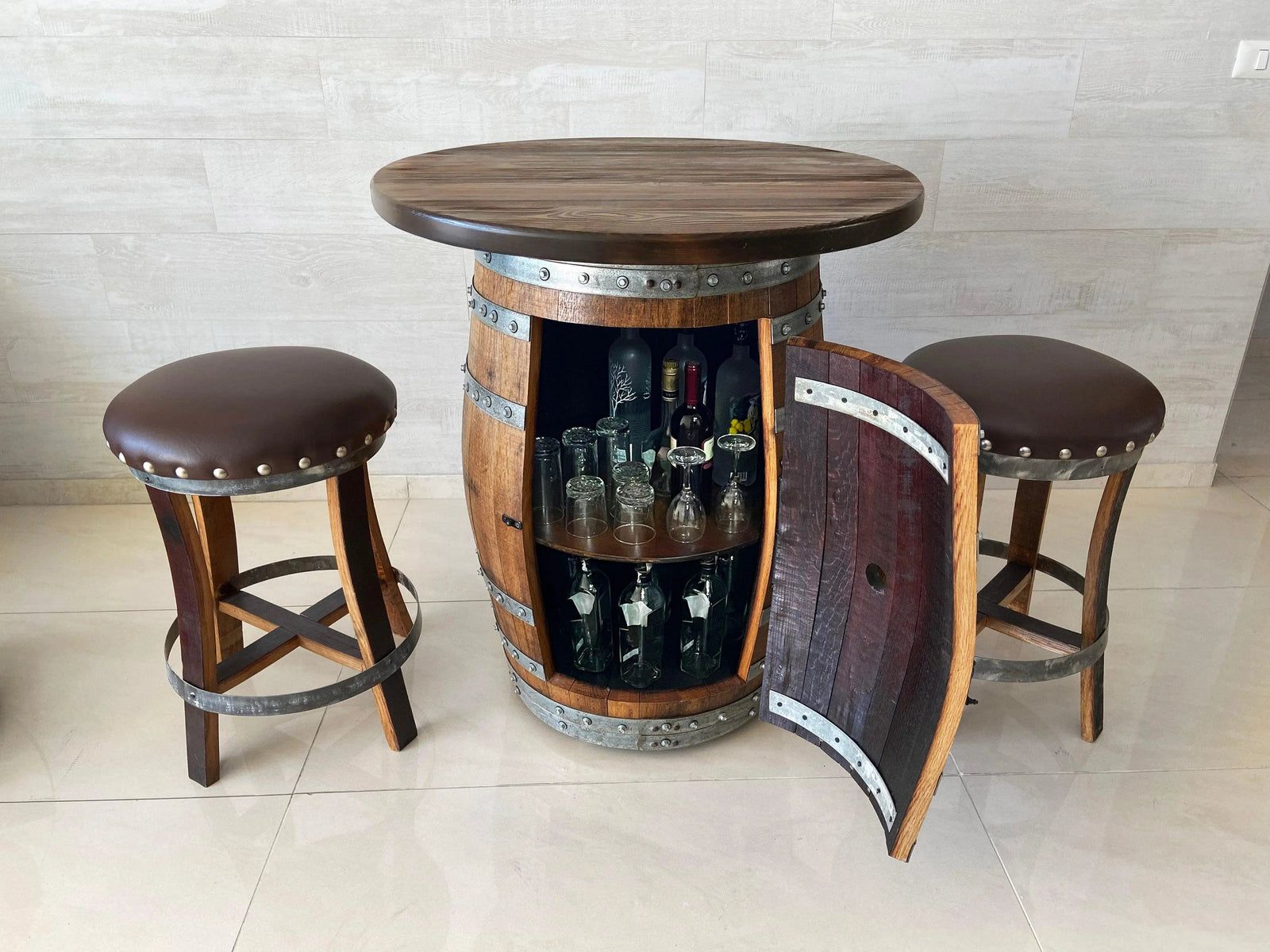 Oak Barrel Pub Table Set, Counter Height Wood Glass Top, Cabinet Storage, Bar Stools, Home Bar, Man Cave - Handmade from Family Business