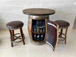 Oak Barrel Pub Table Set, Counter Height Wood Glass Top, Cabinet Storage, Bar Stools, Home Bar, Man Cave - Handmade from Family Business