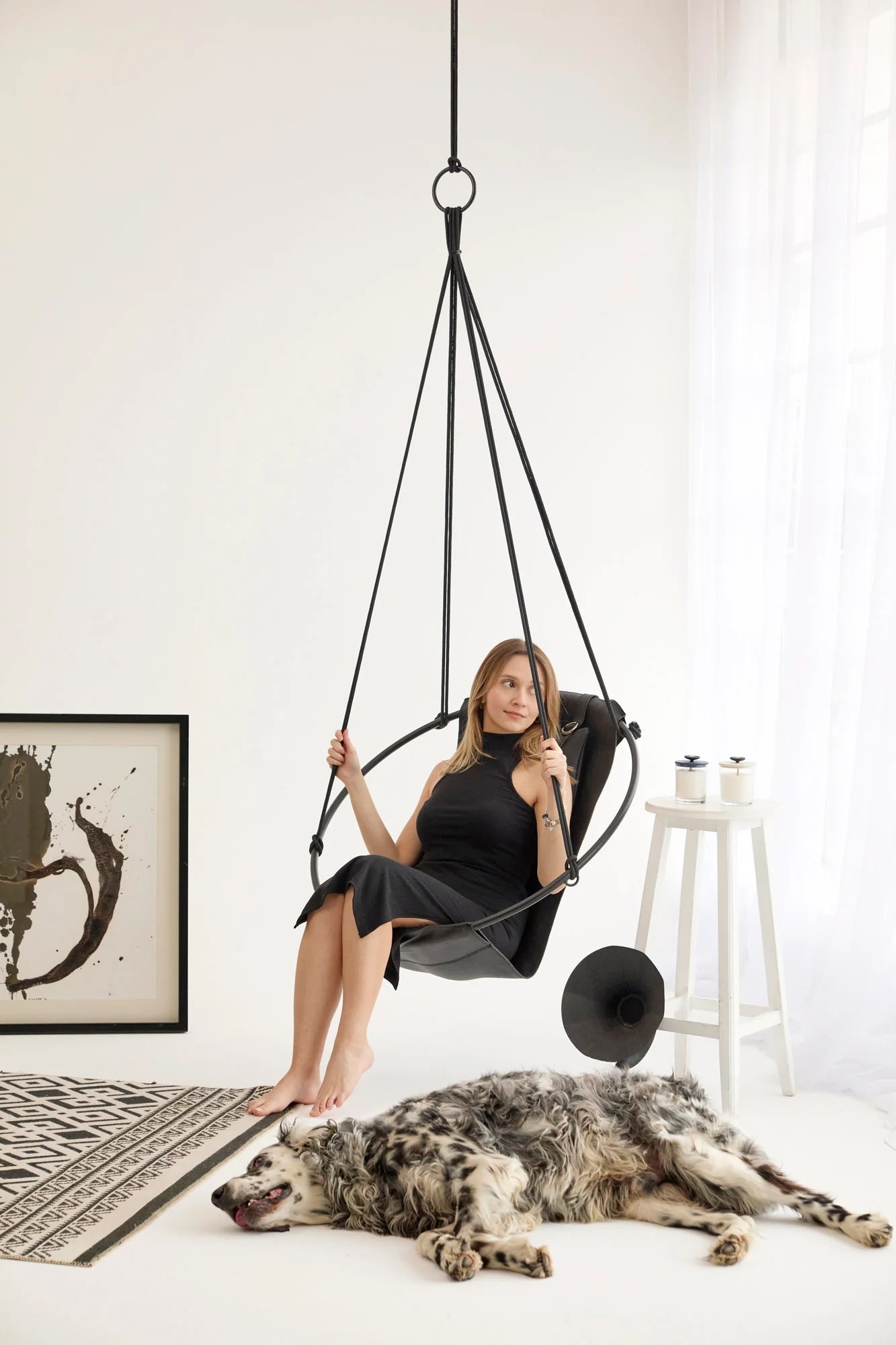 Genuine Leather Round Hanging Chair Black