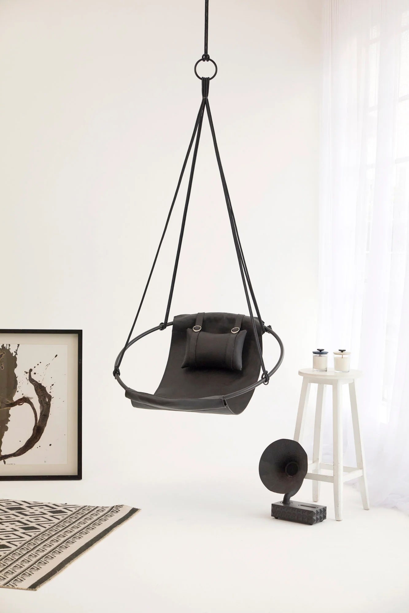 Genuine Leather Round Hanging Chair Black