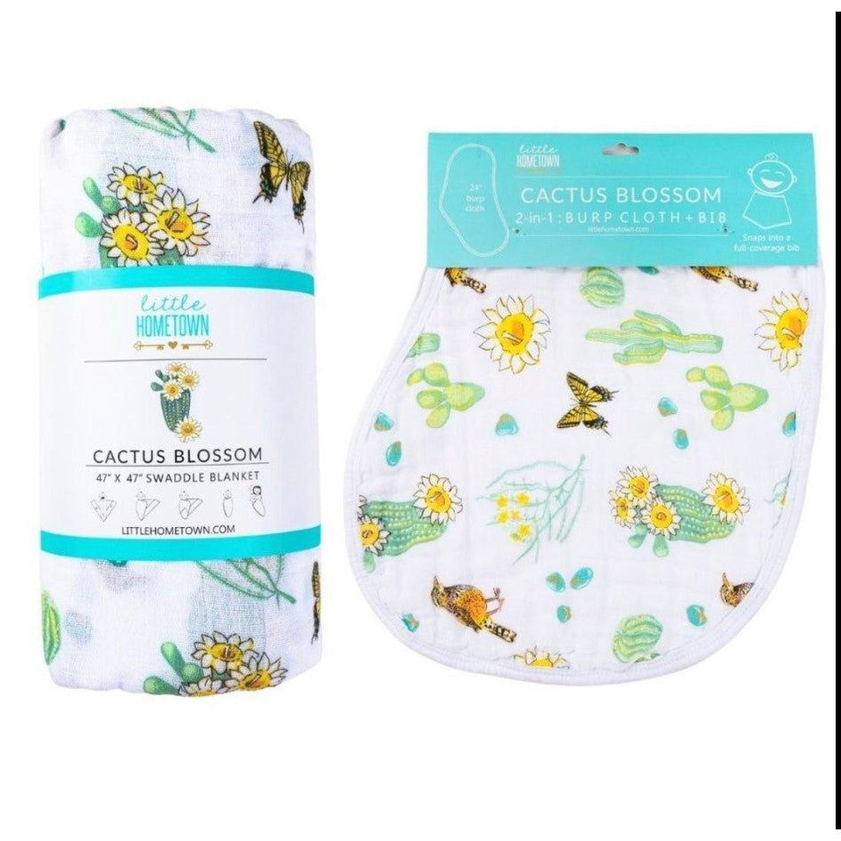 Gift Set: Cactus Blossom Baby Muslin Swaddle Blanket and Burp/Bib Combo