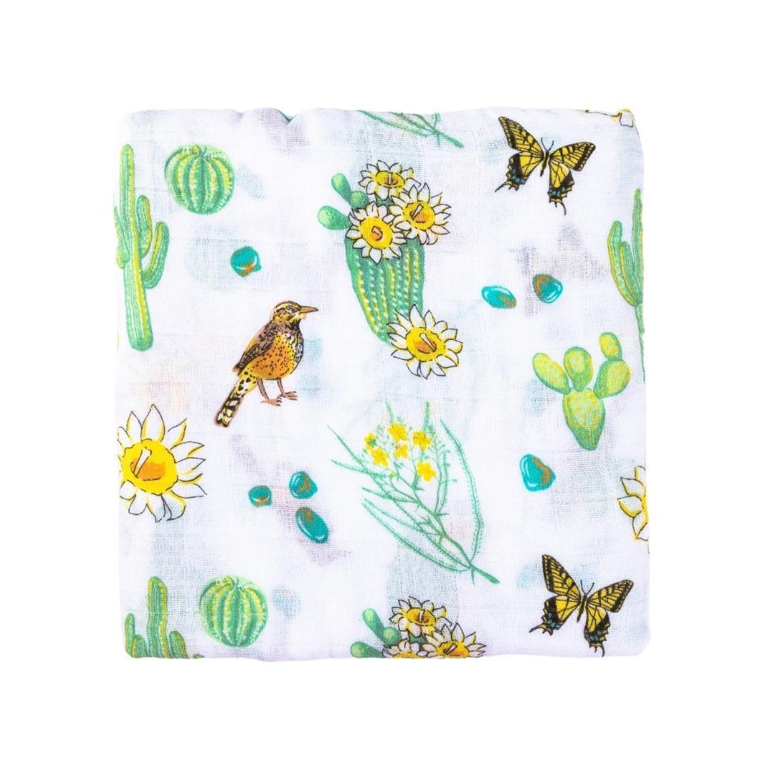Gift Set: Cactus Blossom Baby Muslin Swaddle Blanket and Burp/Bib Combo