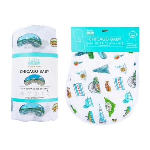 Gift Set: Chicago Baby Muslin Swaddle Blanket and Burp Cloth/Bib Combo Baby Shower Essential for Newborn