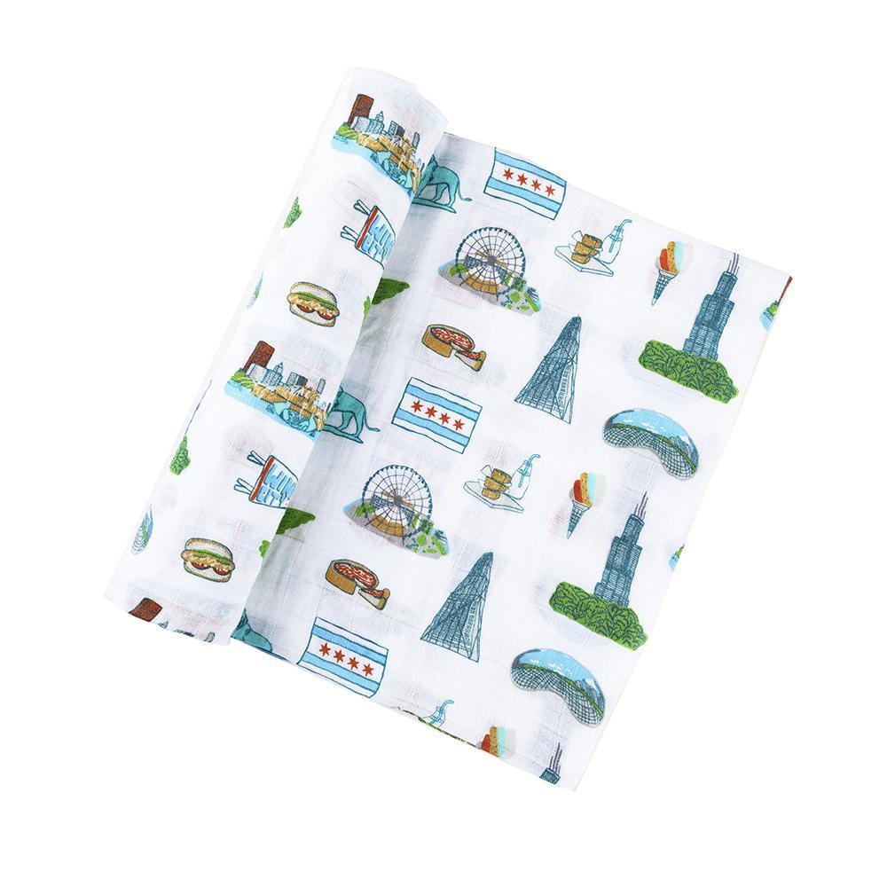 Gift Set: Chicago Baby Muslin Swaddle Blanket and Burp Cloth/Bib Combo