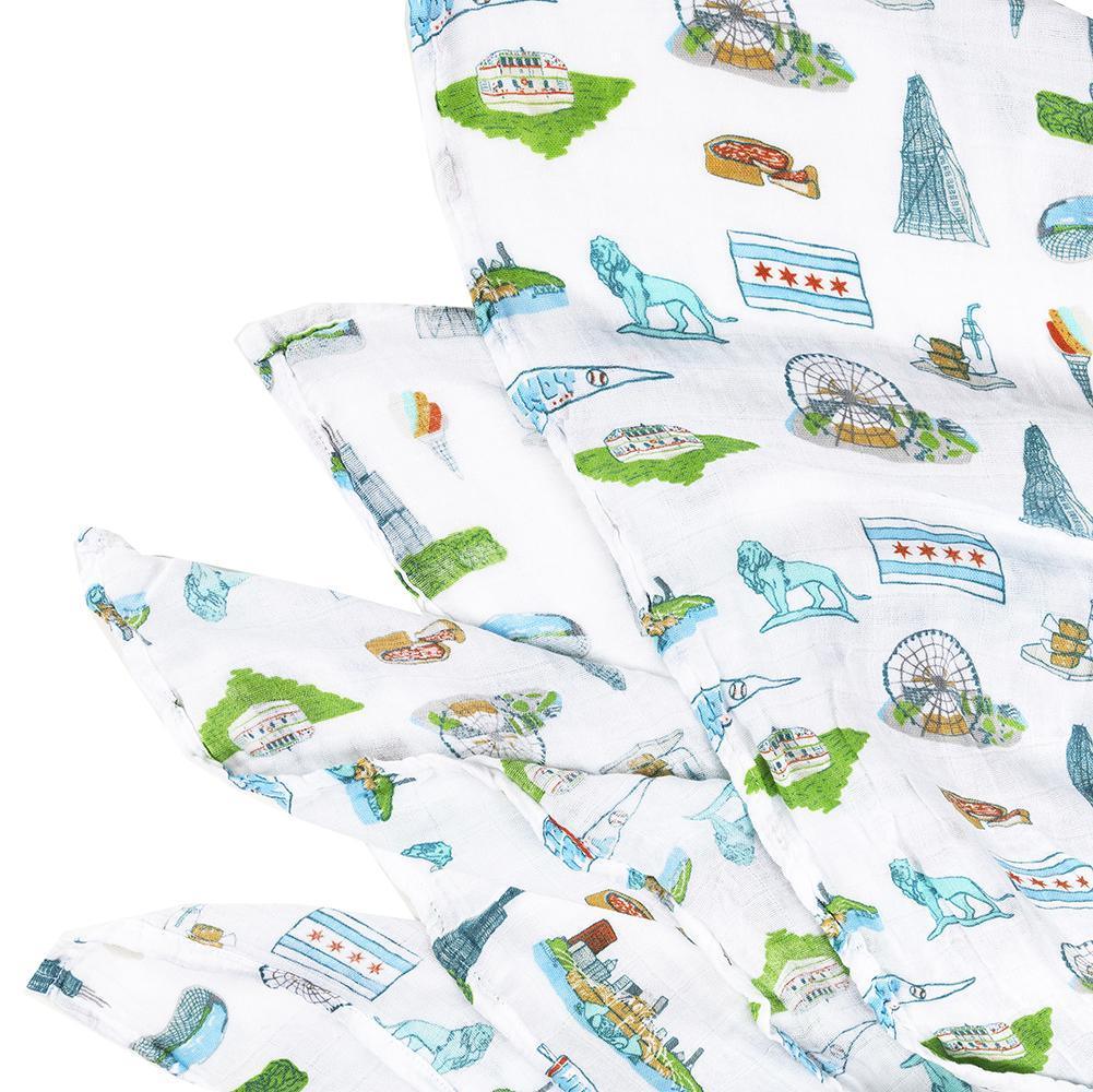 Gift Set: Chicago Baby Muslin Swaddle Blanket and Burp Cloth/Bib Combo