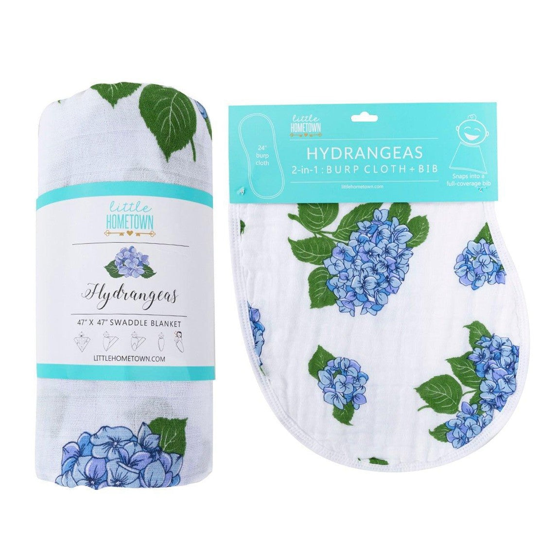 Gift Set: Hydrangeas Baby Muslin Swaddle Blanket and Burp Cloth/Bib Combo