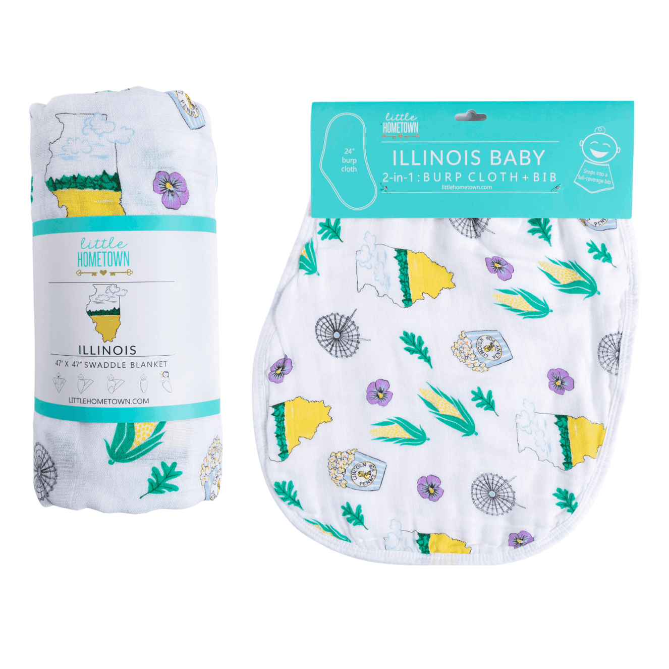 Gift Set: illinois Baby Muslin Swaddle Blanket and Burp Cloth/Bib Combo