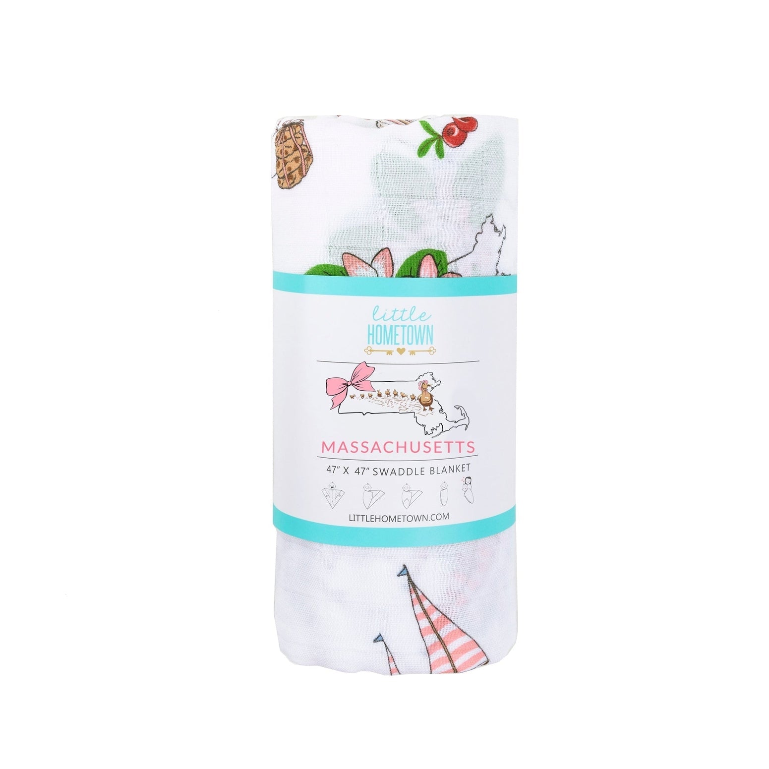 Gift Set: Massachusetts Floral Baby Muslin Swaddle Blanket and Burp Cloth/Bib Combo