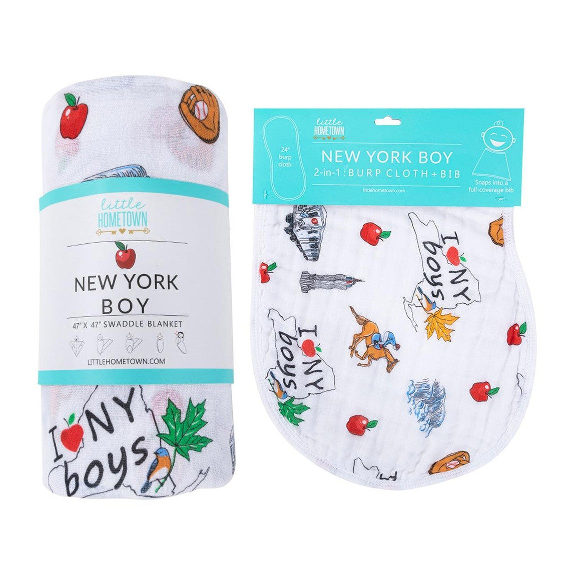 Gift Set: New York Baby Boy Muslin Swaddle Blanket and Burp Cloth/Bib Combo