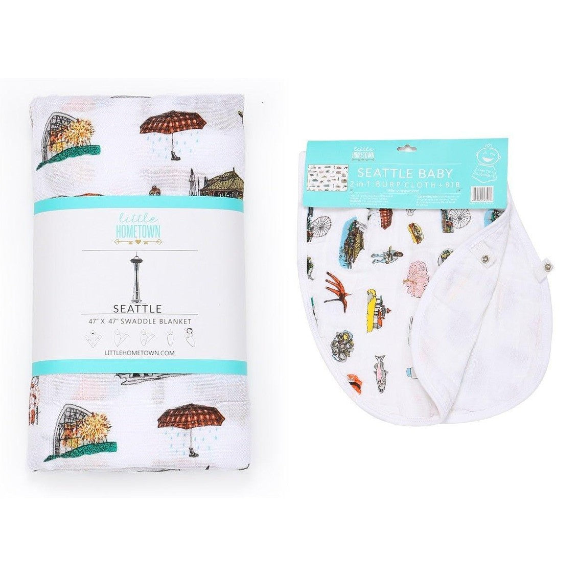 Gift Set: Seattle Baby Muslin Swaddle Blanket and Burp Cloth/Bib Combo