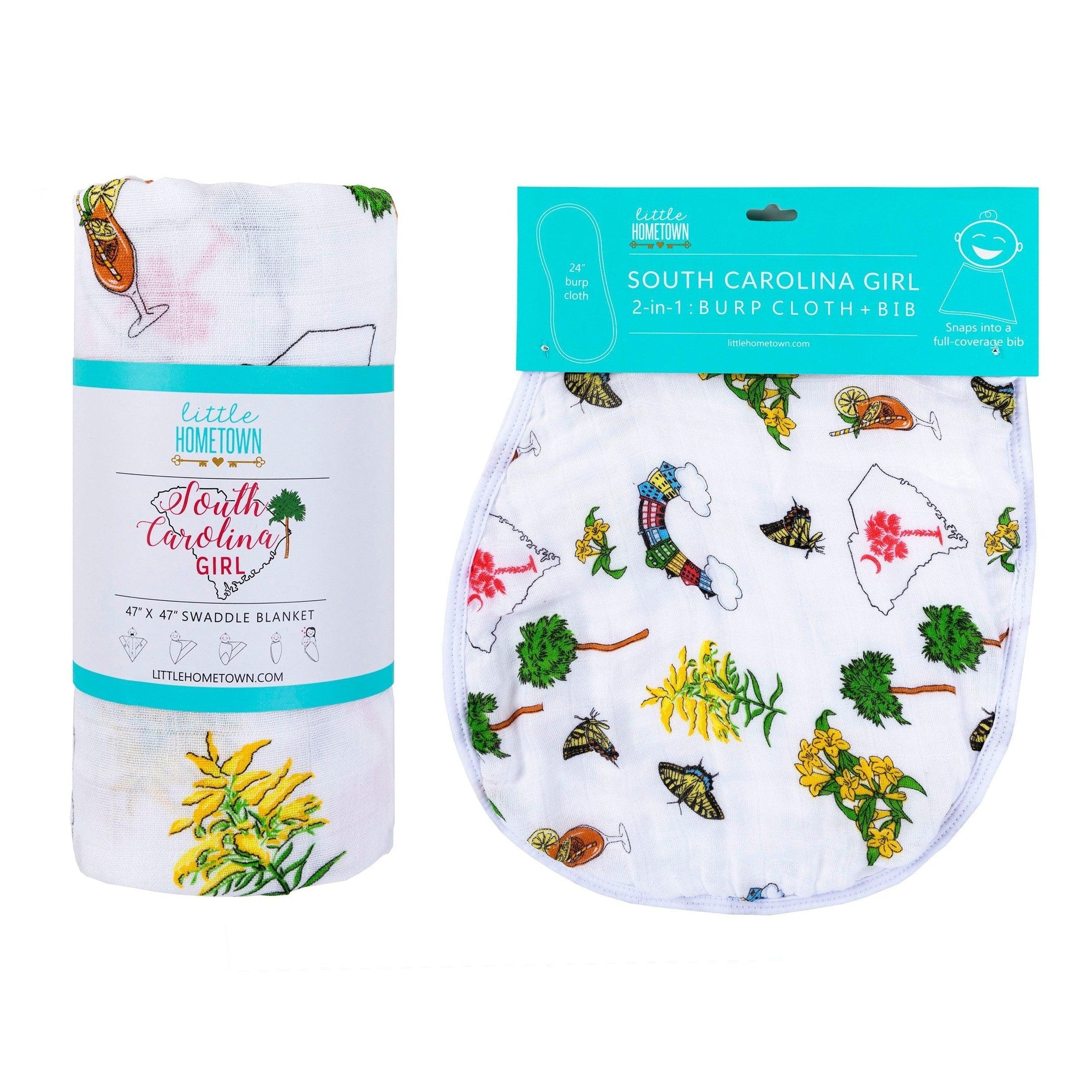 Gift Set: South Carolina Girl Baby Muslin Swaddle Blanket and Burp Cloth/Bib Combo