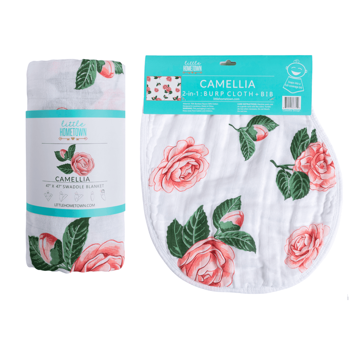 GiftSet: Camelia Baby Muslin Swaddle Blanket and Burp Cloth/Bib Combo