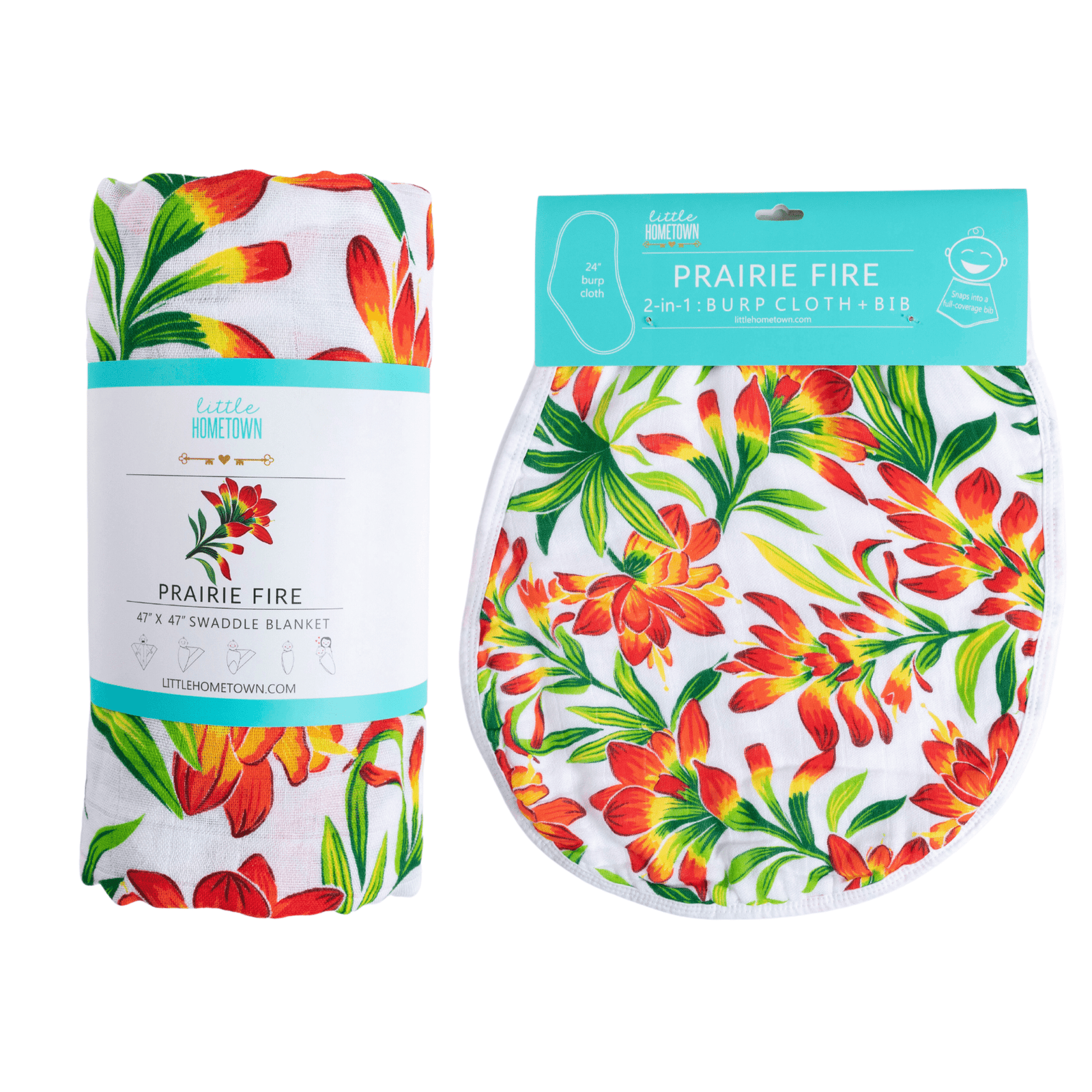 GiftSet: Prairie Fire Baby Muslin Swaddle Blanket and Burp Cloth/Bib Combo Extra Large Bamboo Cotton