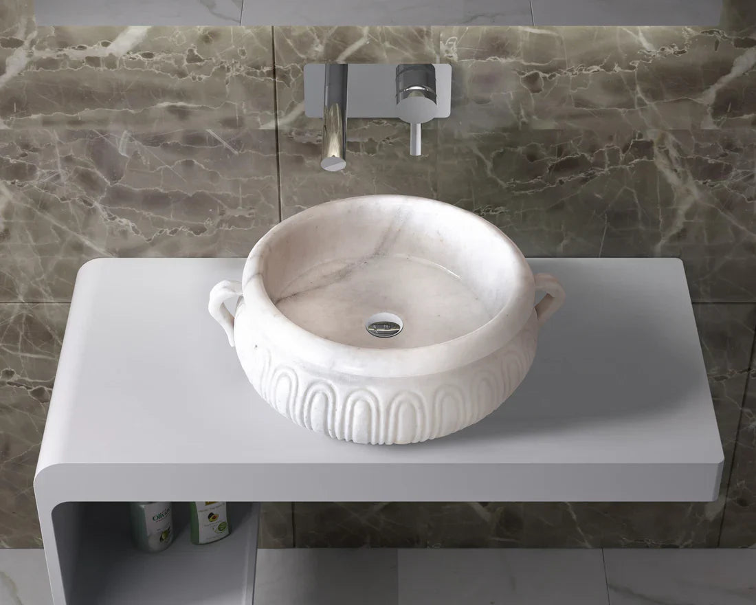 Calacatta White Marble Vessel Saucepan Shape Above Vanity Bathroom Sink (D)17