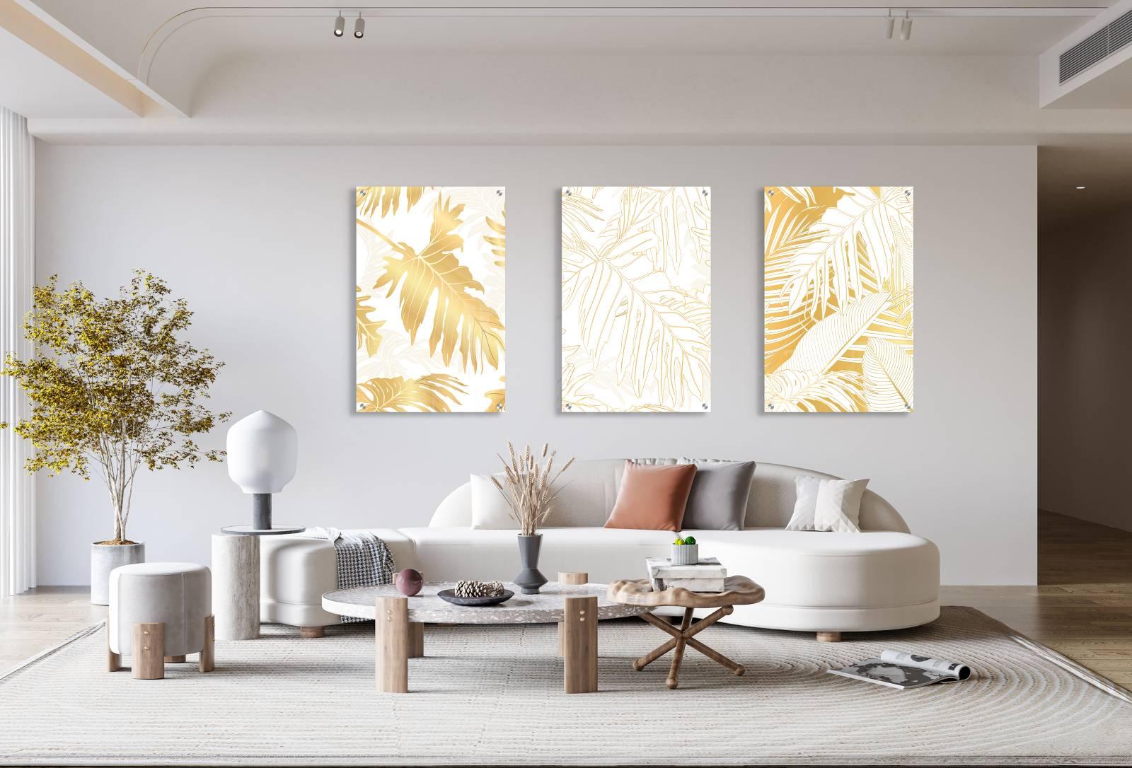 Gold and White Leaves Pattern Set of 3 Prints Modern Wall Art Modern Artwork