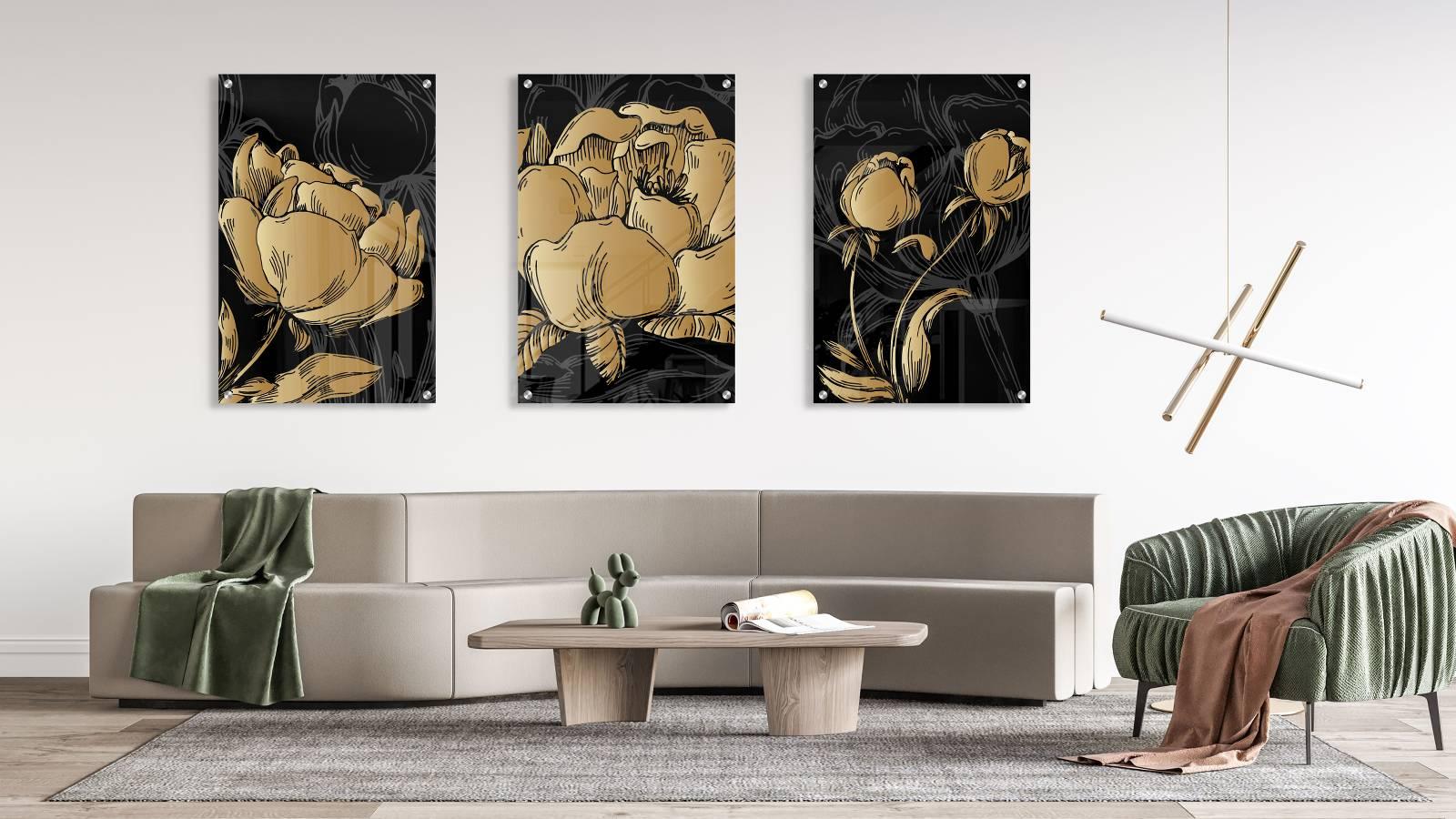 Golden Peonies Set of 3 Prints Modern Wall Art Modern Artwork