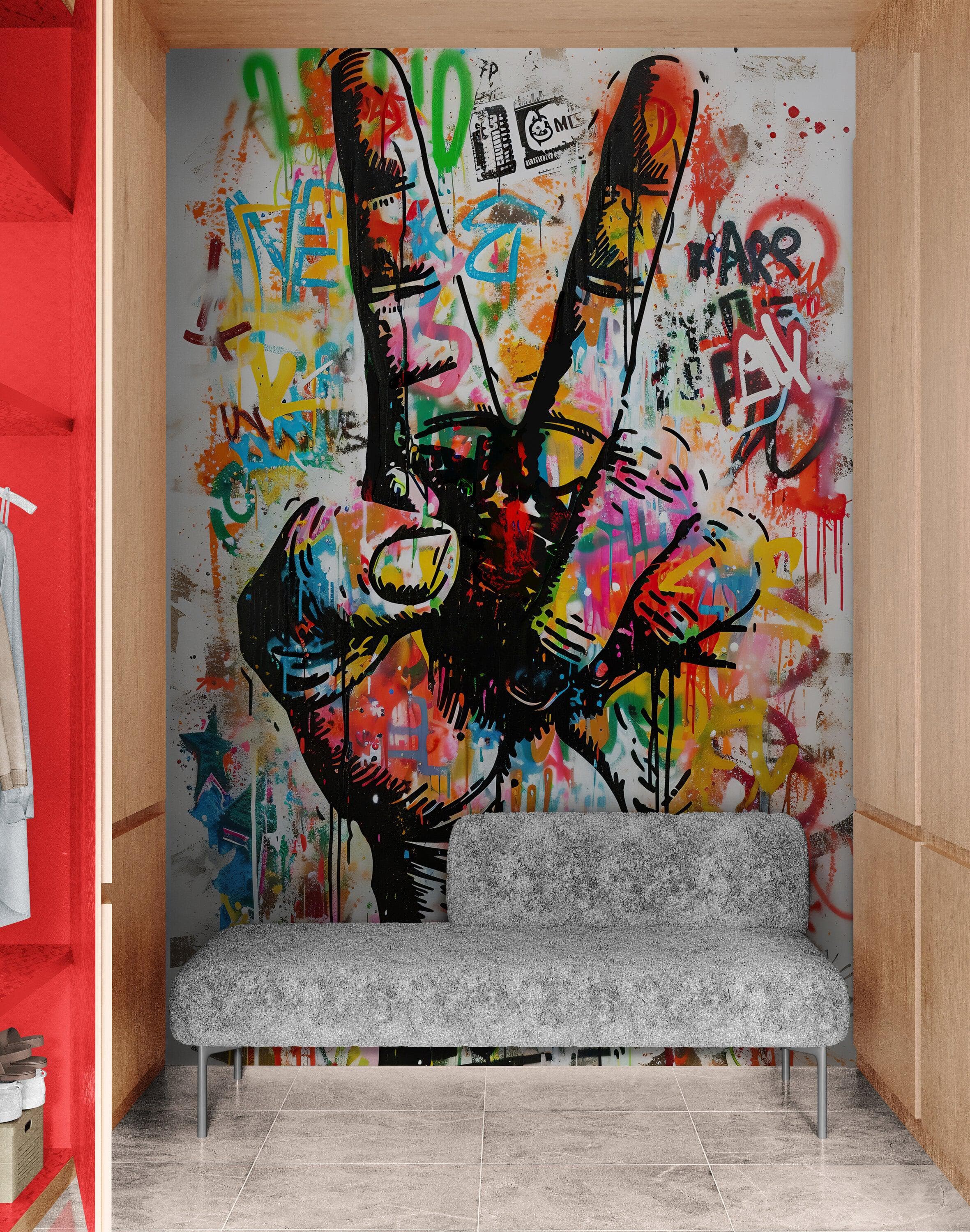 Modern Street Art Wallpaper. Graffiti Peace Sign Wall Mural. #6819