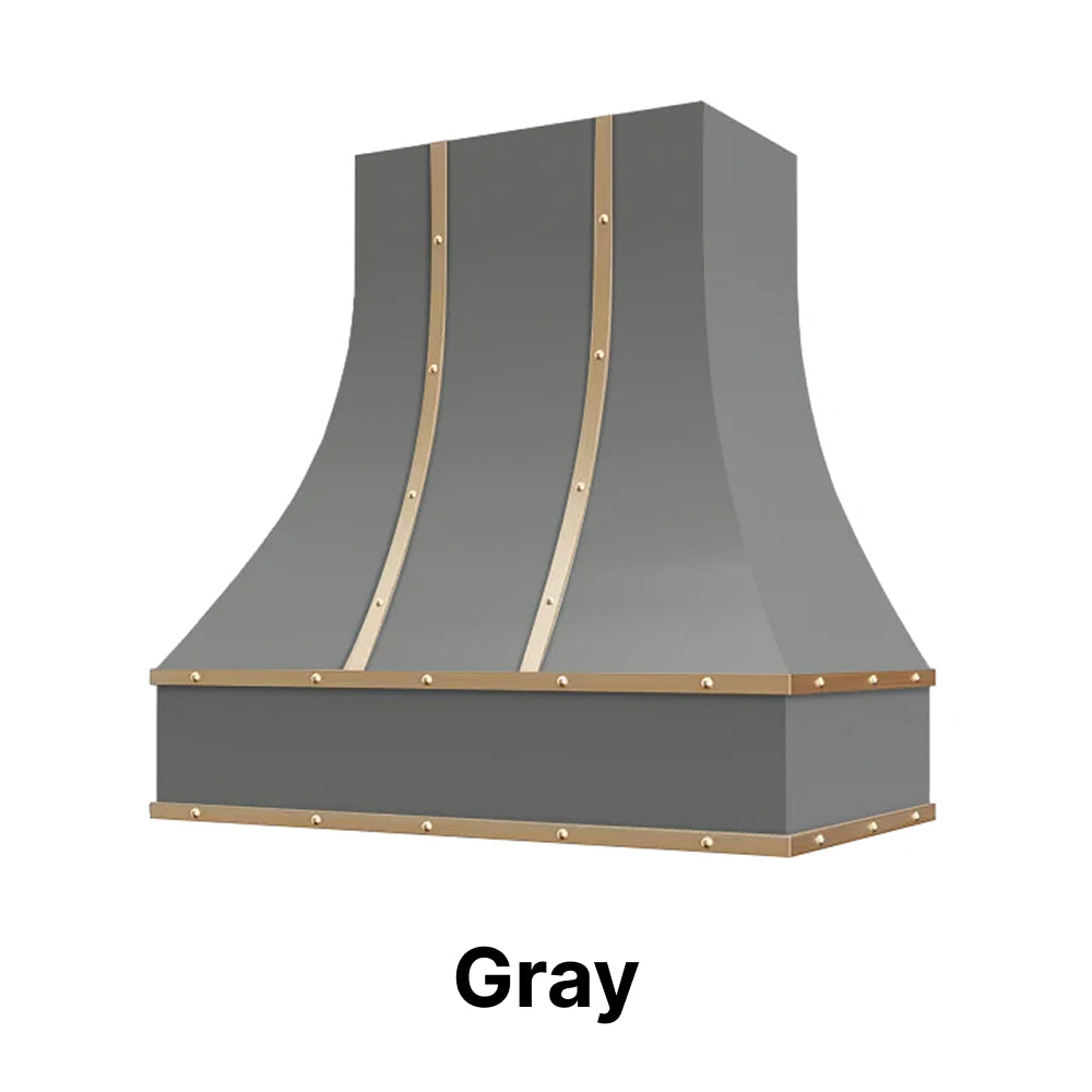 Wood Range Hood With Curved Front, Brass Strapping and Buttons - 30