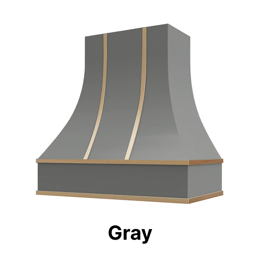 Wood Range Hood With Curved Front and Brass Strapping and Flat Trim - 30