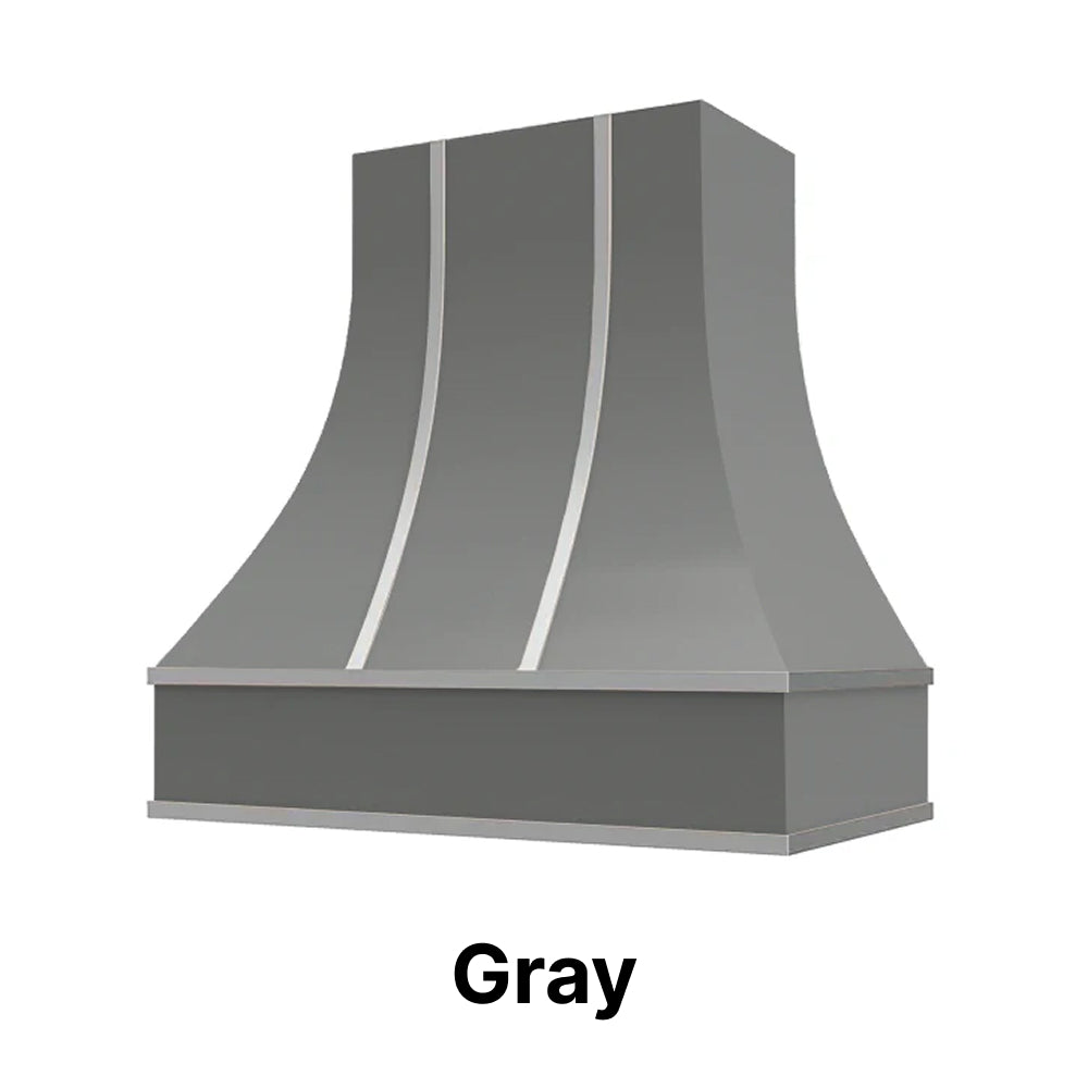 Wood Range Hood With Curved Front, Silver Strapping and Block Trim - 30